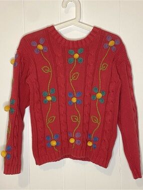 Women's Red Floral Cable-Knit Sweater with Pom poms